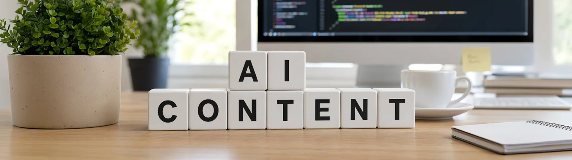 Letter blocks spelling AI Content on a desk in front of a monitor showing code