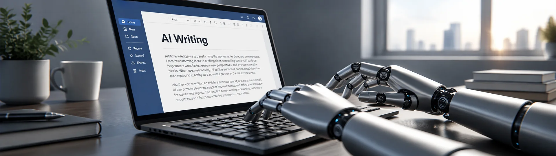 Robotic hands typing on a laptop showing a document titled AI Writing