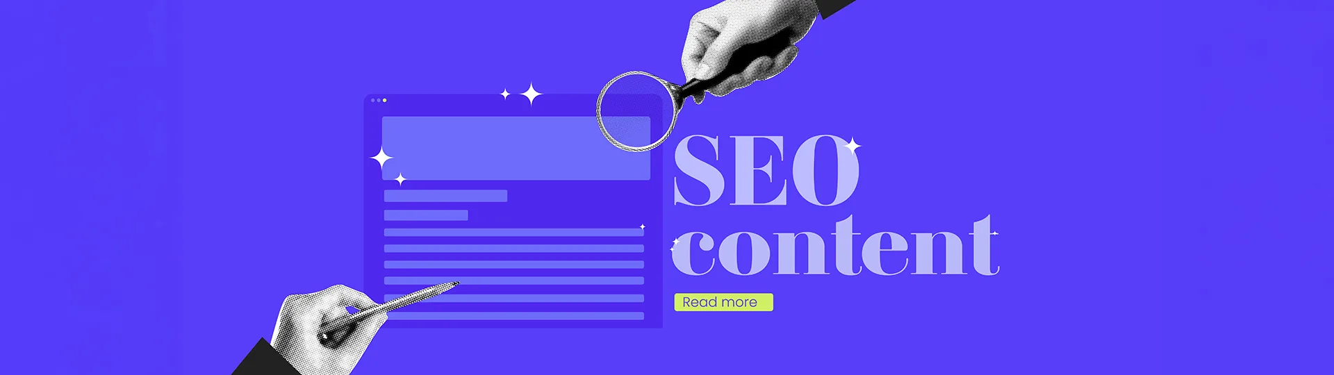 Hands with a magnifying glass and pen examining a web page beside the words SEO content on a purple background