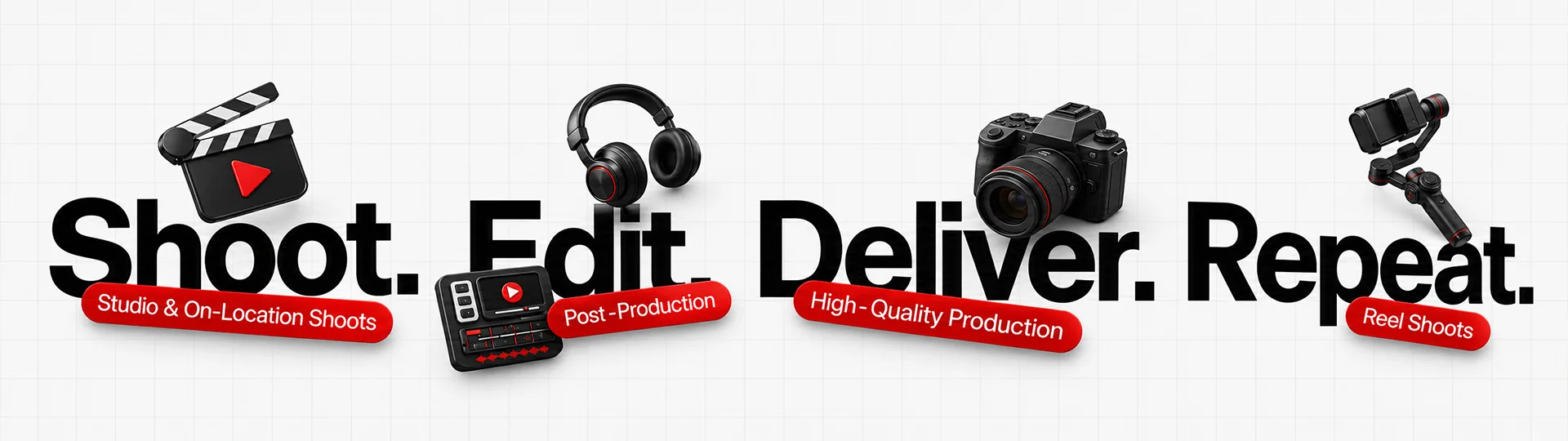 Shoot. Edit. Deliver. Repeat. with icons for studio shoots, post-production, high-quality production and reel shoots