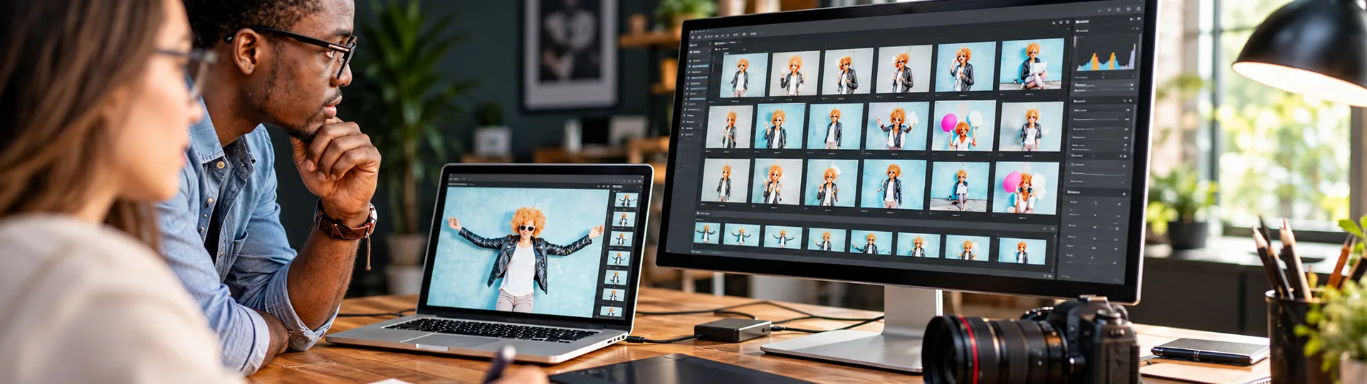 Two people reviewing a grid of photo shoot images on a large monitor and laptop, with a camera on the desk