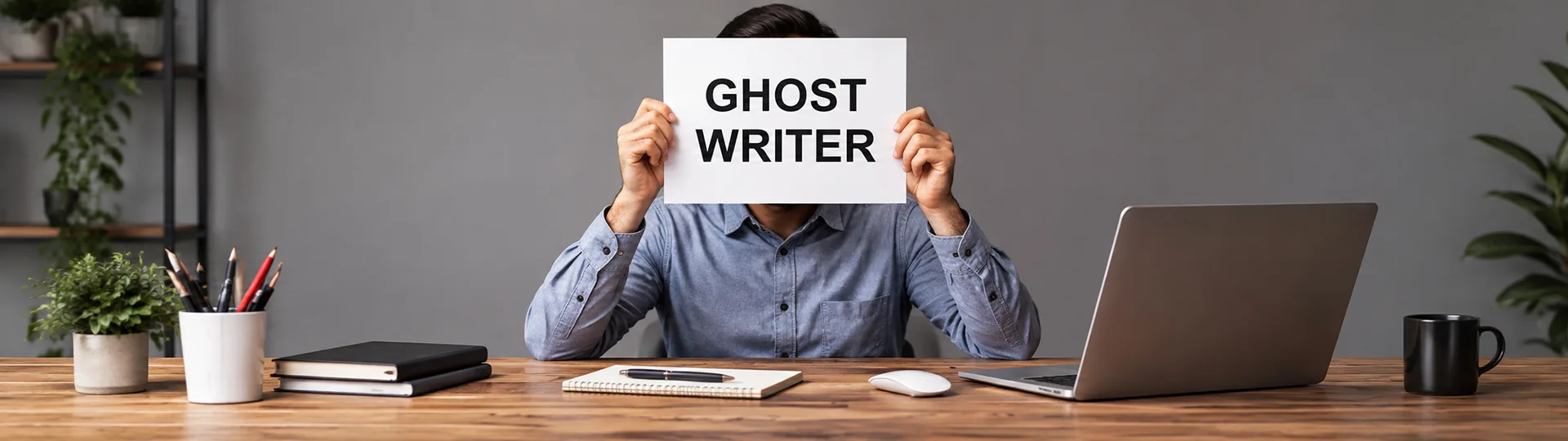 Man at a desk hiding his face behind a sign that reads Ghost Writer, next to a laptop and notebook