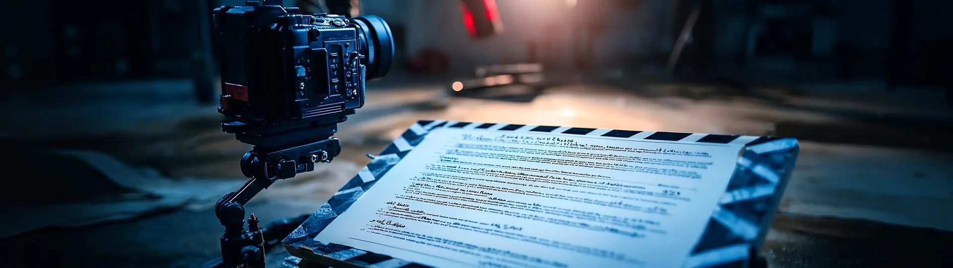 Printed script on a clapperboard beside a cinema camera on a dimly lit film set