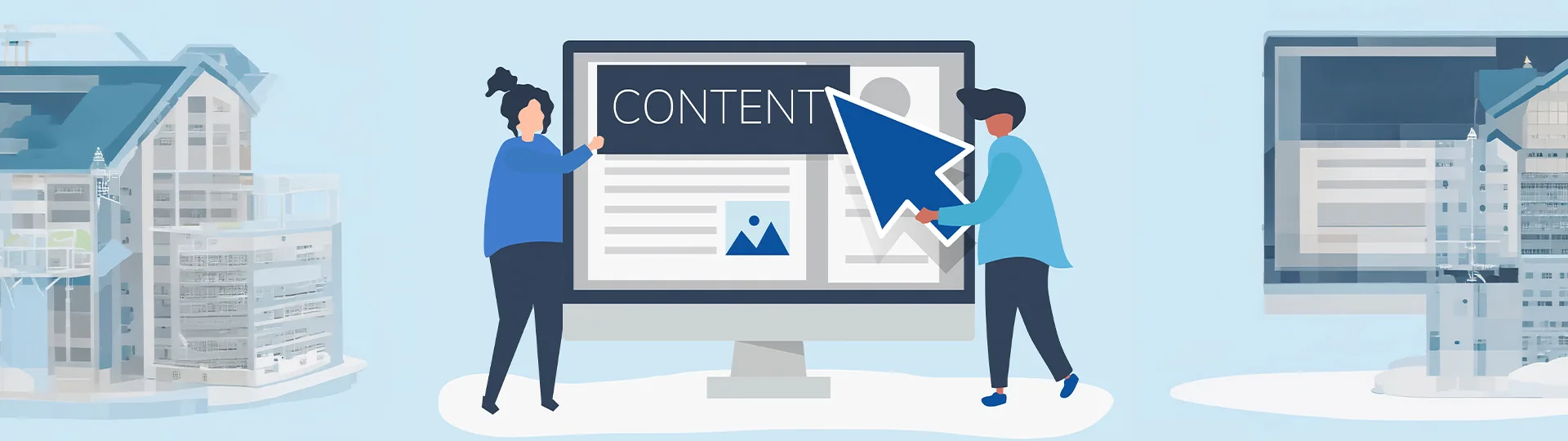 Illustration of two people arranging a web page headed Content on a large monitor with a cursor
