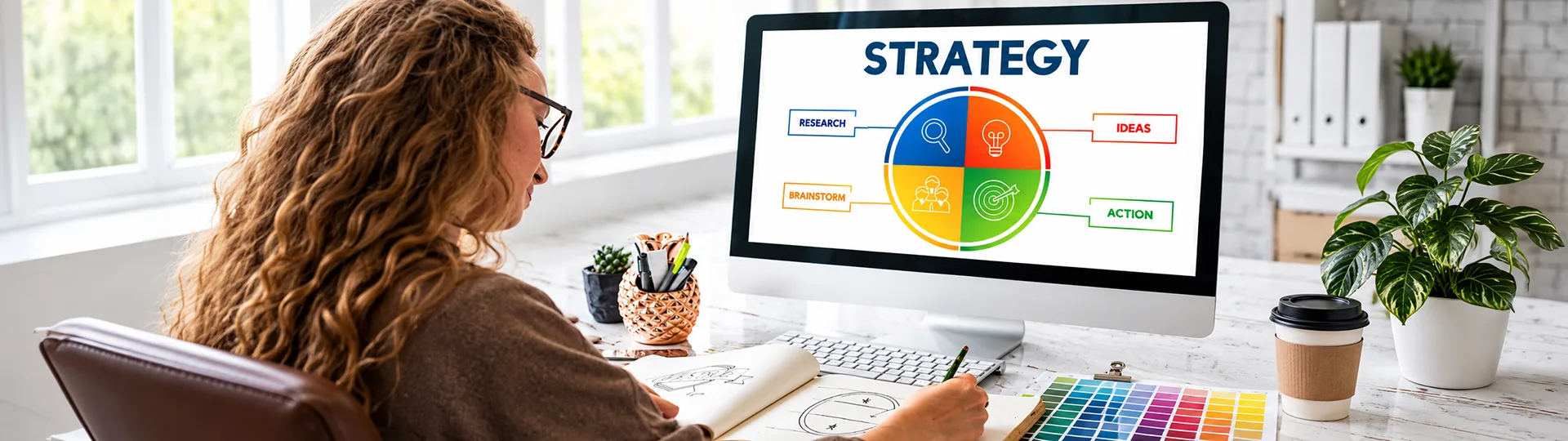 Designer sketching at a desk with colour swatches, in front of a monitor showing a strategy wheel of research, ideas, brainstorm and action