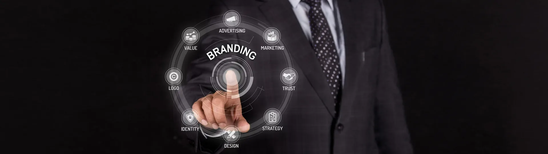 Businessman touching a glowing Branding wheel of advertising, marketing, trust, strategy, design, identity, logo and value icons