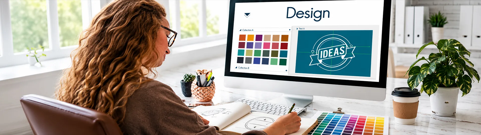 Designer sketching a logo at a desk with colour swatches, in front of a monitor showing a colour palette and an Ideas badge design