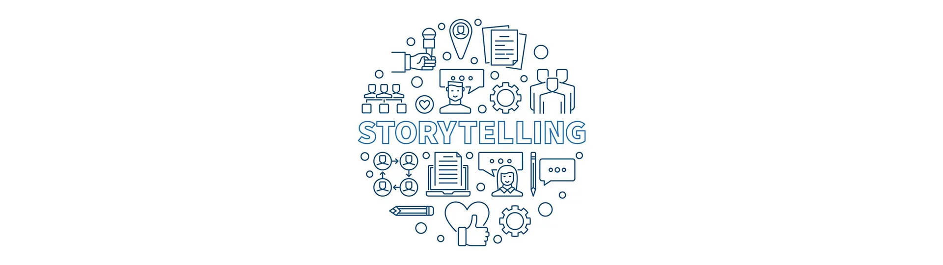 Line illustration of the word Storytelling surrounded by icons for scripts, speech bubbles, audiences, ideas and engagement