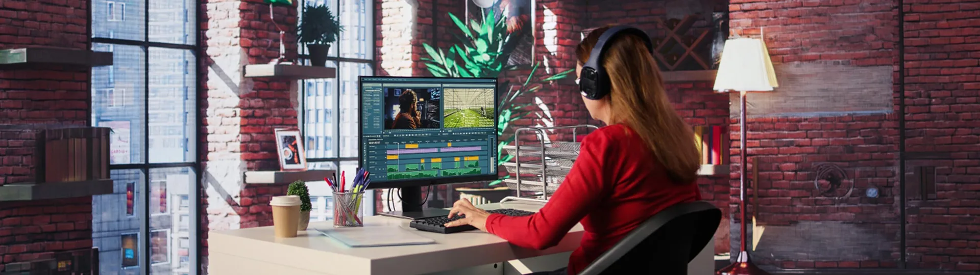 Video editor wearing headphones cutting footage on a timeline at a desk in a brick-walled studio