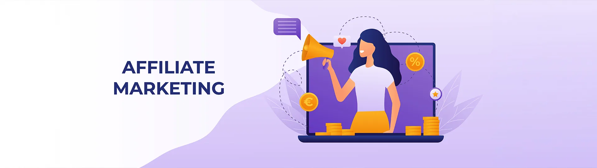 Affiliate Marketing illustration of a woman with a megaphone on a laptop screen surrounded by coins