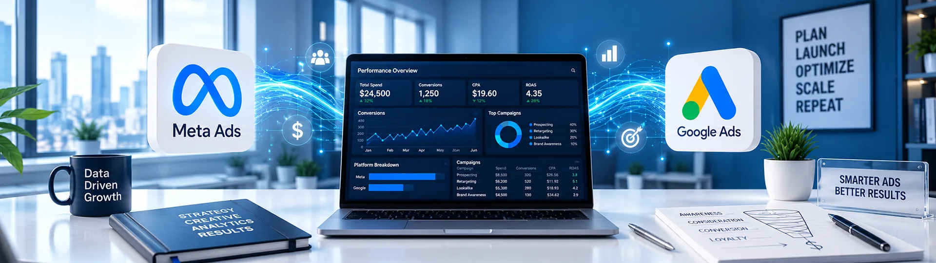 Laptop showing an ad performance dashboard linked to Meta Ads and Google Ads, beside a Plan Launch Optimize Scale Repeat poster