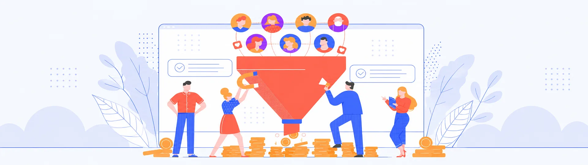 Illustrated team guiding customer profiles through a red sales funnel into stacks of coins