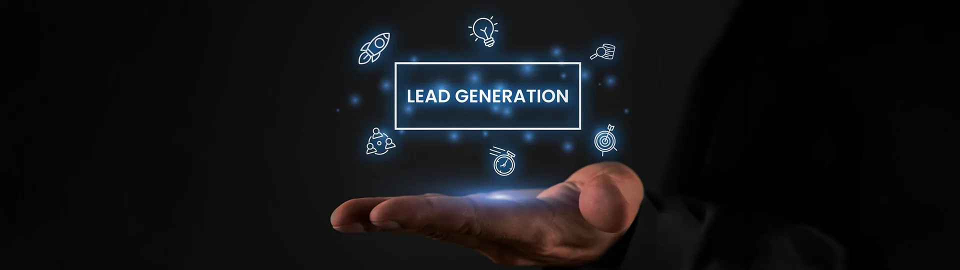 Open hand beneath a glowing Lead Generation sign surrounded by growth and targeting icons
