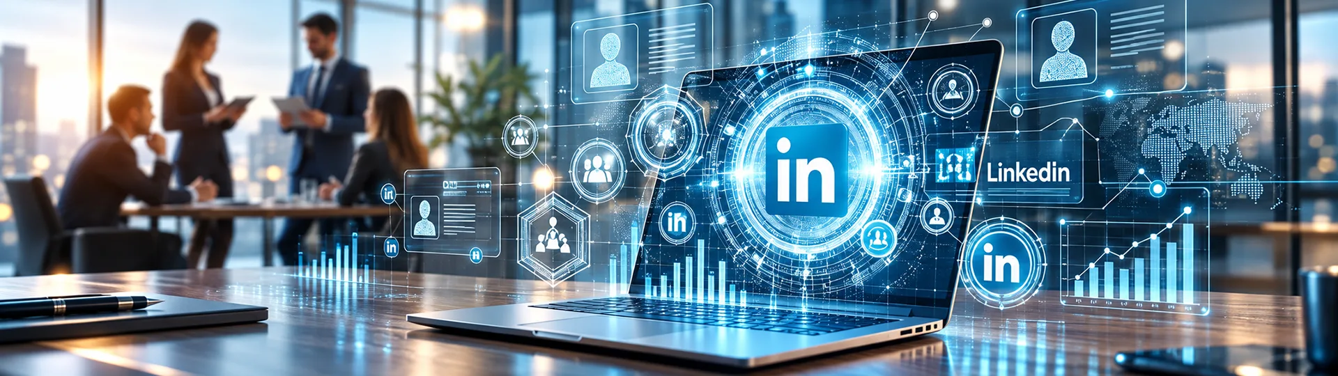 Laptop with glowing LinkedIn icons, profile cards and growth charts in a modern office