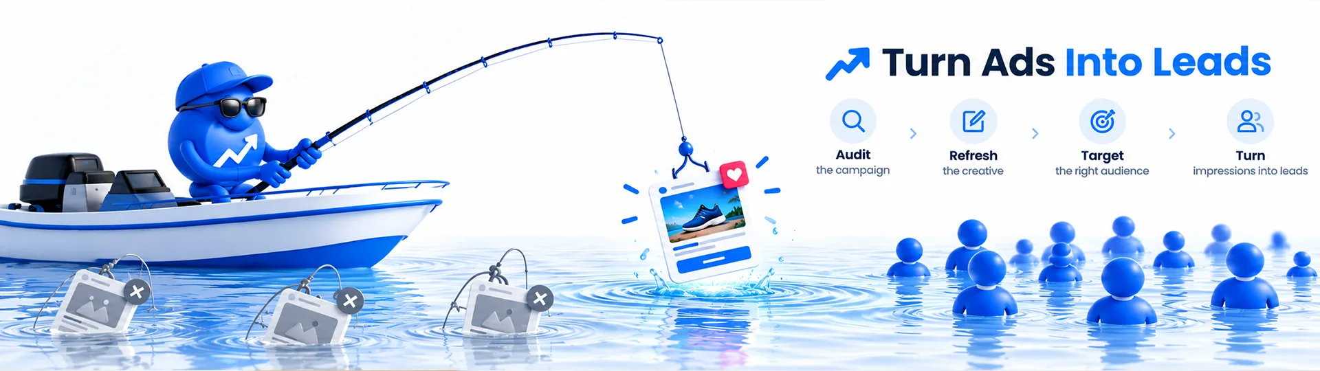 Turn Ads Into Leads: a mascot fishing a winning ad out of the water, with audit, refresh, target and convert steps