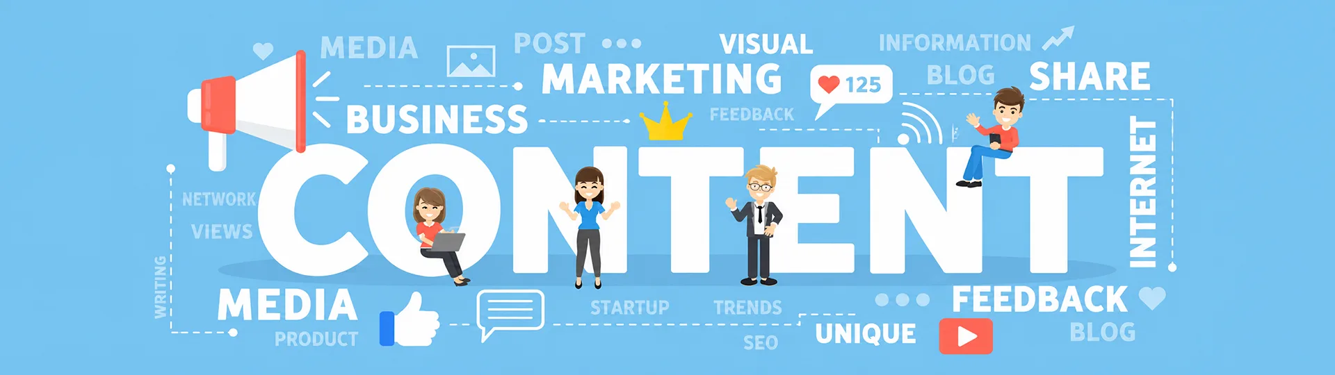 Illustrated people around the word Content, surrounded by marketing, media, share, feedback and blog terms