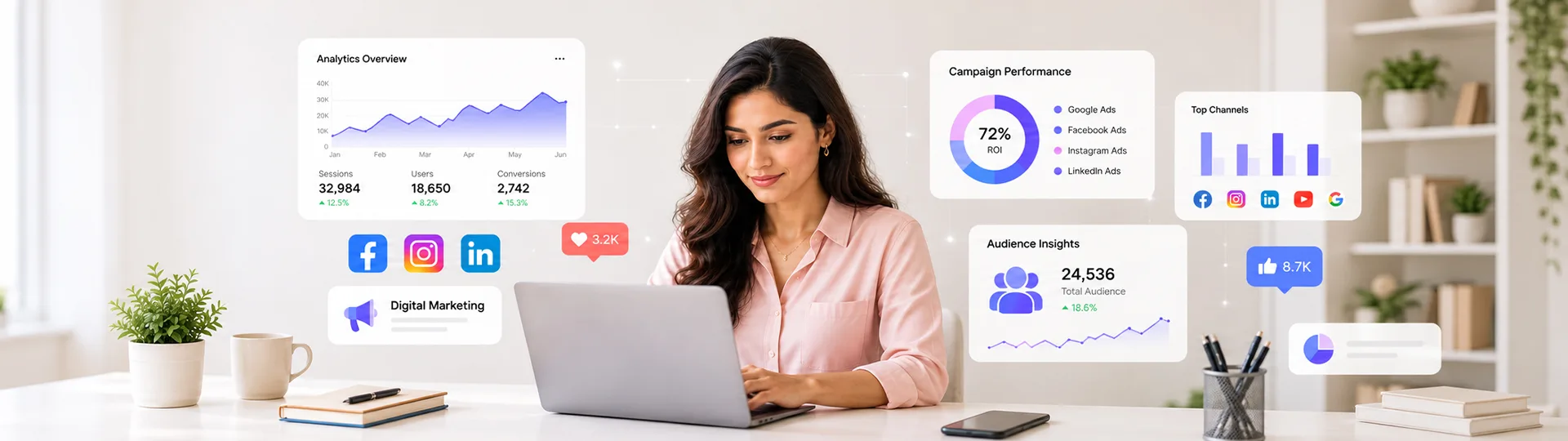 Marketer at a laptop surrounded by analytics, campaign performance, audience insight and social channel dashboards
