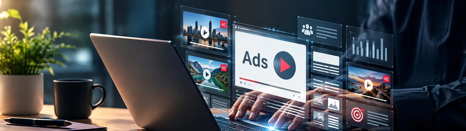 Hands typing on a laptop with floating video ad panels and audience and analytics cards