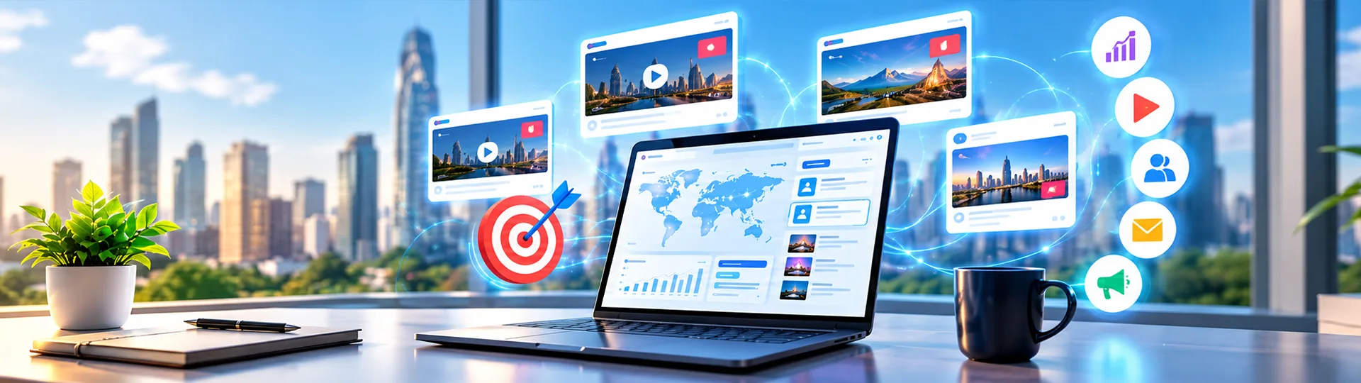 Laptop showing a global ad dashboard surrounded by floating video ads, a target and channel icons