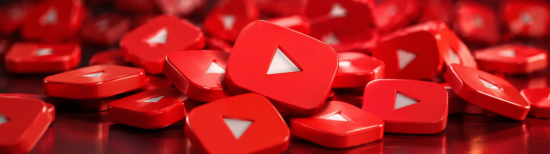 Pile of glossy red YouTube play-button icons