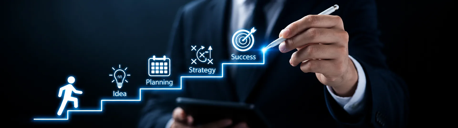 Businessman drawing a glowing staircase that climbs from idea to planning, strategy and success