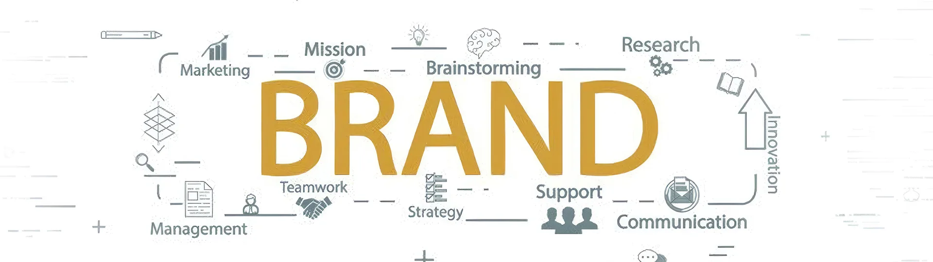 The word Brand surrounded by sketched icons for marketing, mission, brainstorming, research, innovation, communication, support, strategy, teamwork and management