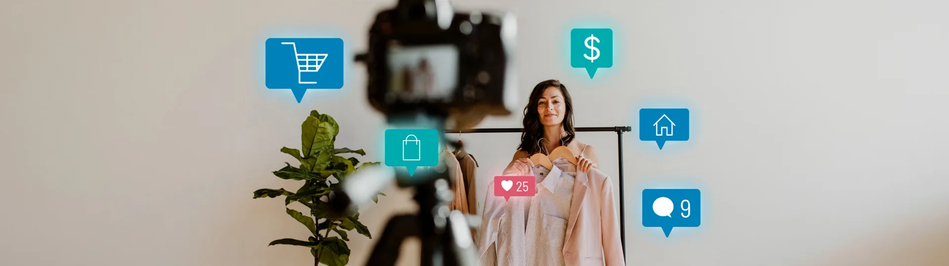 Fashion creator holding up clothes to a camera as shopping, price, like and comment icons float around her