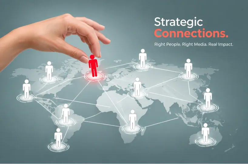 Hand placing a red figure on a world map of connected people, with the words Strategic Connections: Right People, Right Media, Real Impact