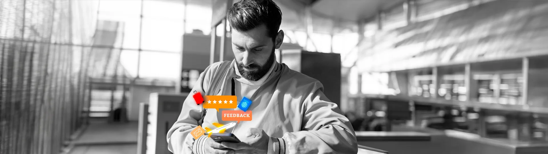 Traveller checking his phone as five-star rating and feedback icons pop up from the screen