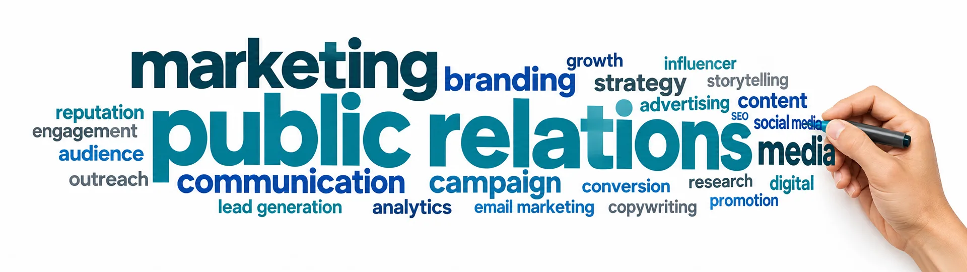 Hand writing a word cloud of public relations and marketing terms including branding, social media, content, campaign and outreach