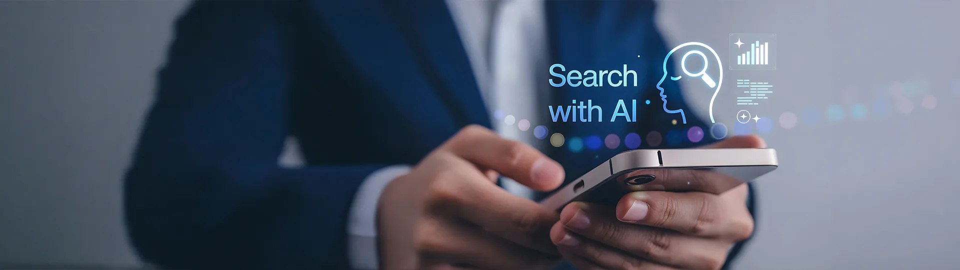 Person holding a smartphone with a glowing Search with AI graphic above the screen