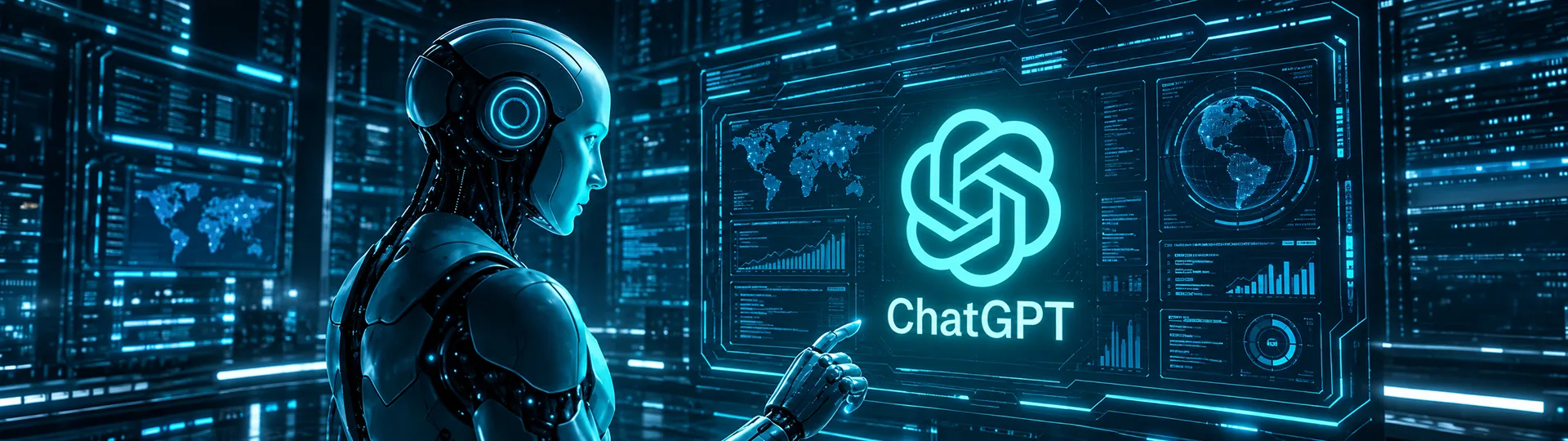 Humanoid robot pointing at a glowing ChatGPT logo on a futuristic data dashboard