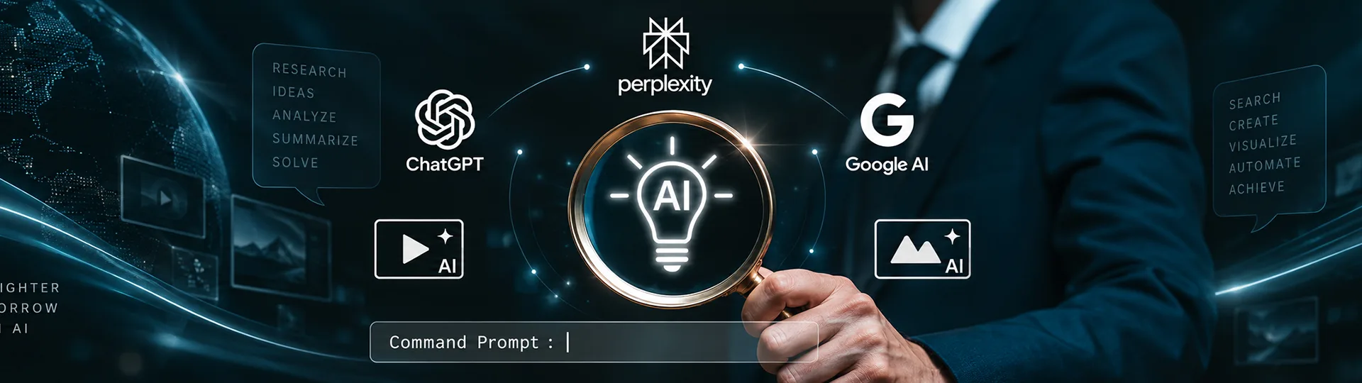 Hand holding a magnifying glass over an AI lightbulb, surrounded by ChatGPT, Perplexity and Google AI logos