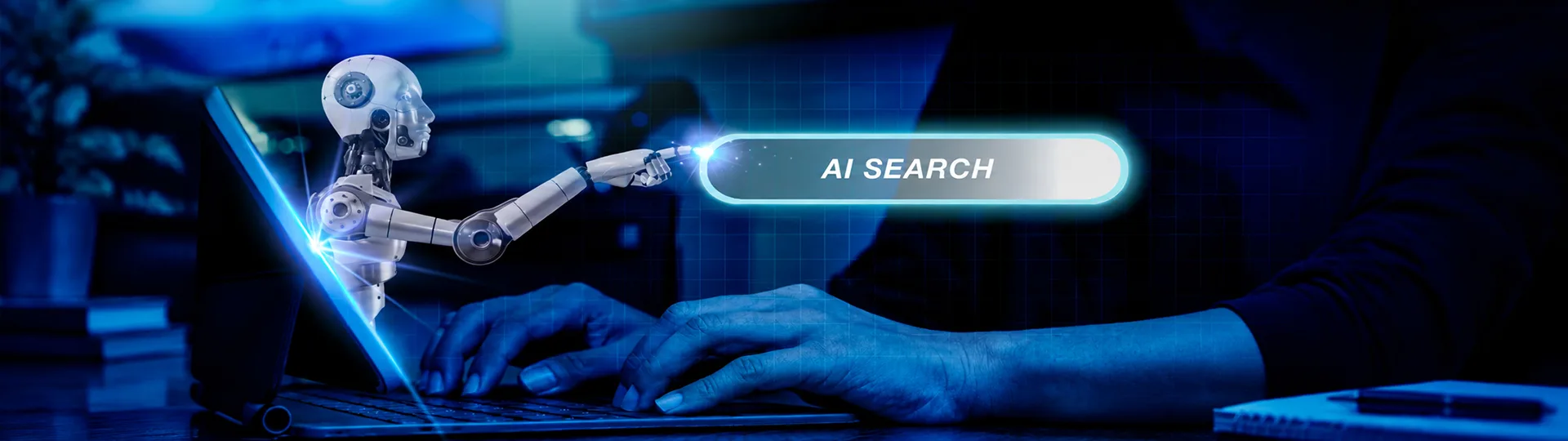 Robot reaching out of a laptop to touch a glowing AI Search bar