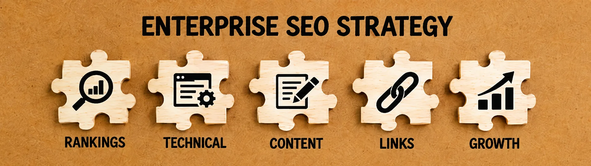 Enterprise SEO strategy puzzle pieces for rankings, technical, content, links and growth