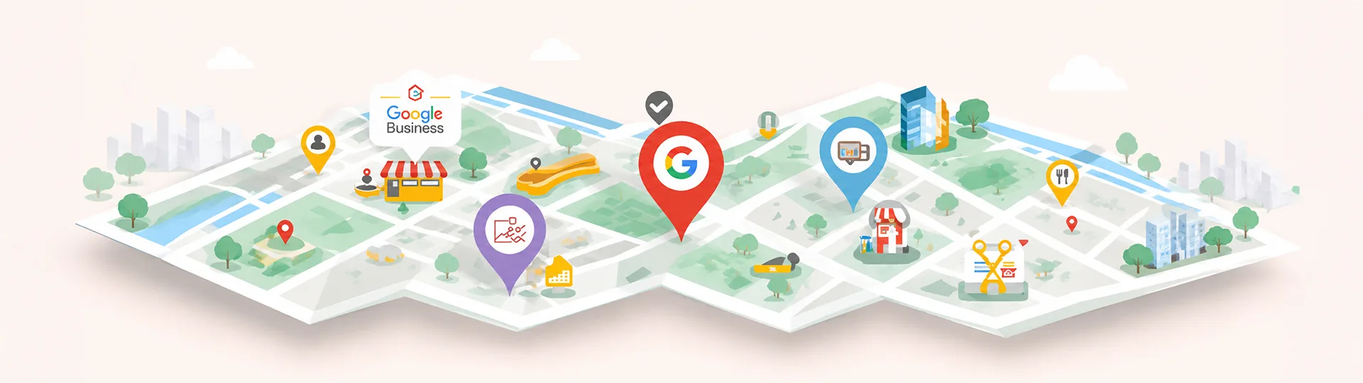 Illustrated city map with Google Business Profile and location pins