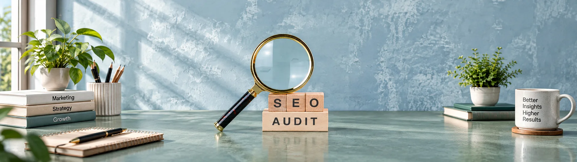Magnifying glass beside wooden blocks spelling SEO Audit on a desk