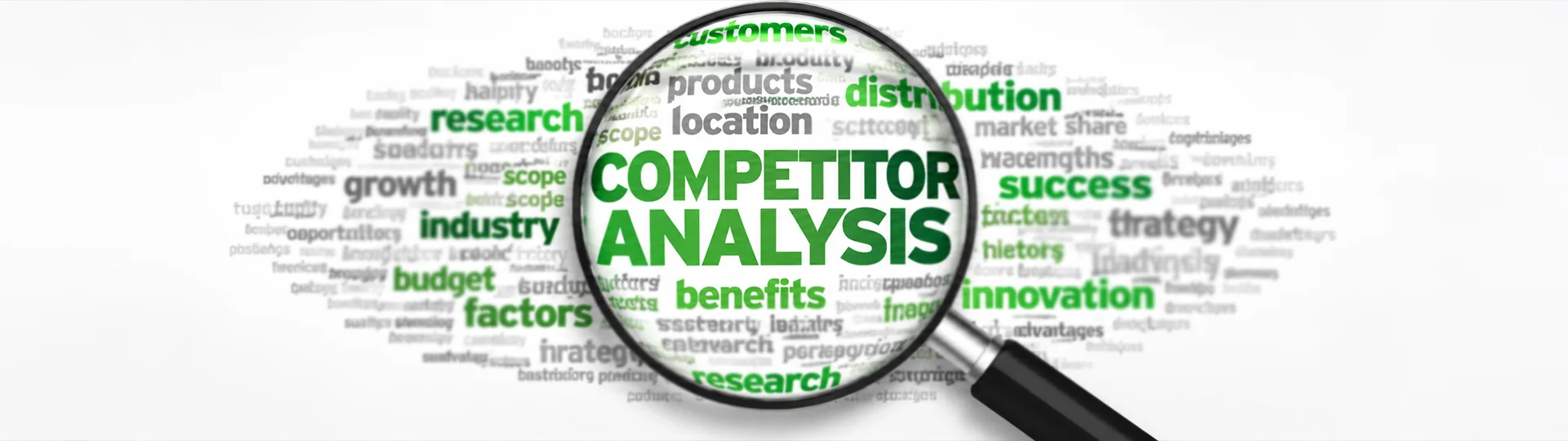 Magnifying glass enlarging the words Competitor Analysis in a word cloud of research, growth, industry and market share