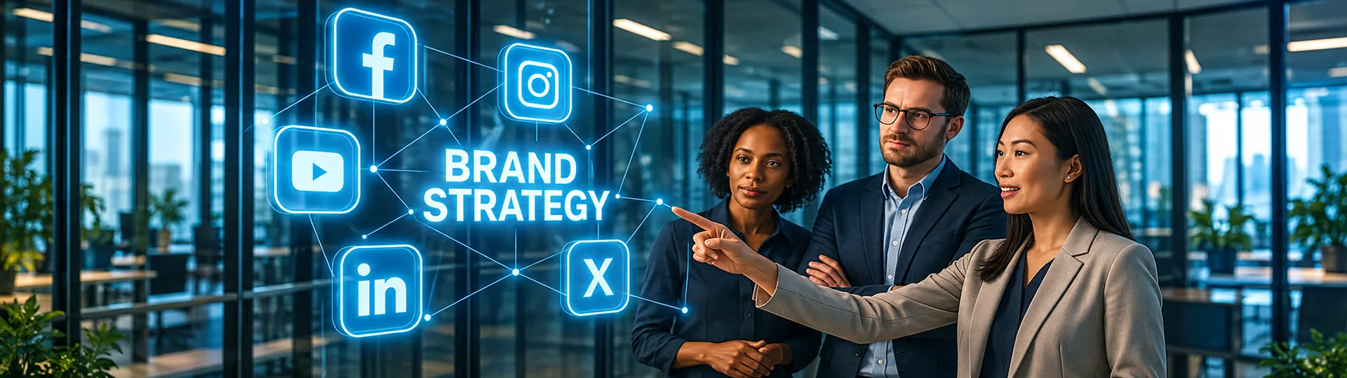 Team in a glass-walled office looking at a glowing Brand Strategy display linked to Facebook, Instagram, YouTube, LinkedIn and X icons