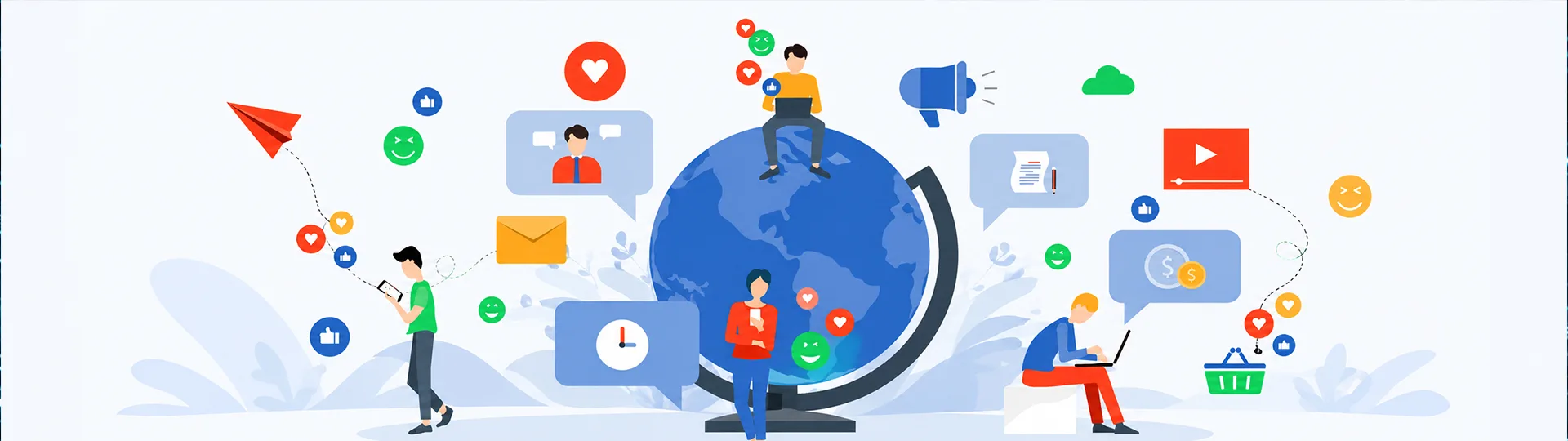 Illustration of people around a globe sharing likes, messages, videos and emoji reactions online