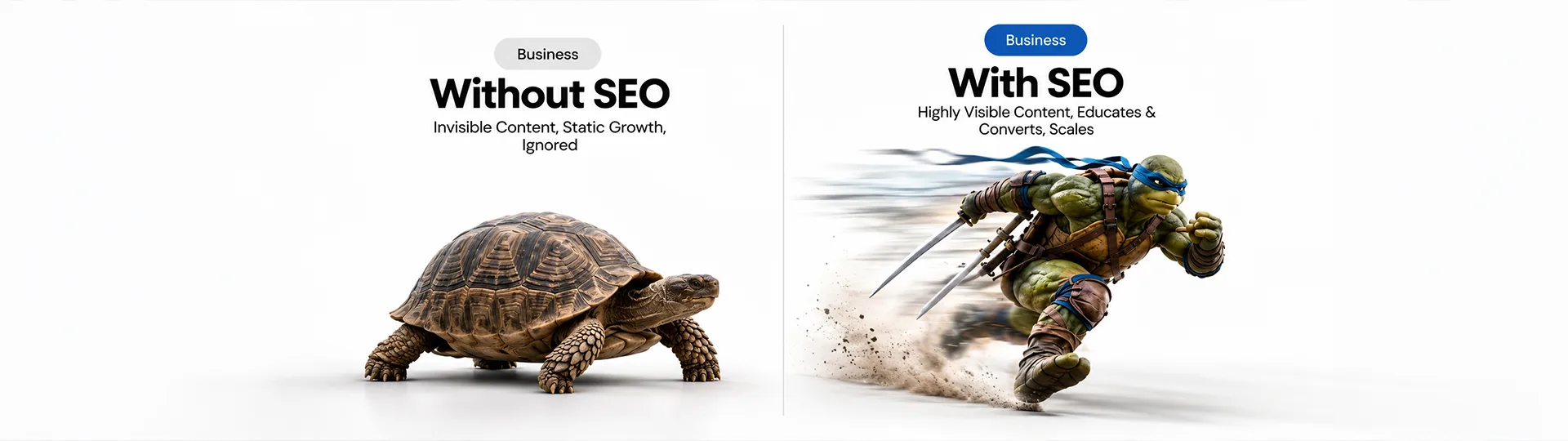 Business without SEO shown as a slow tortoise beside business with SEO shown as a ninja turtle sprinting ahead