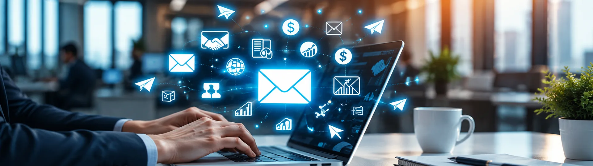 Person typing on a laptop as glowing email, analytics and send icons float above the screen in an office