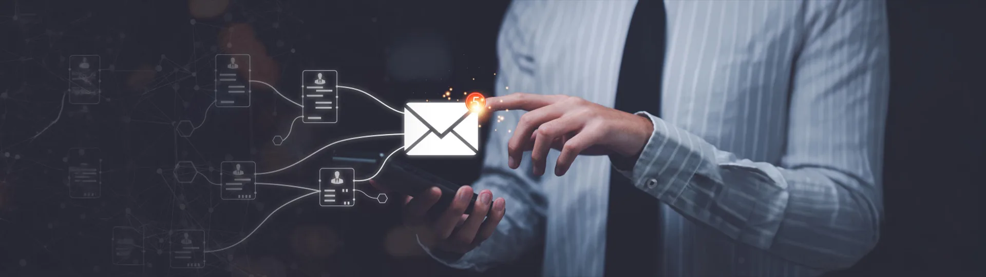 Hand tapping a glowing email icon with a notification badge, connected to a network of contact profiles