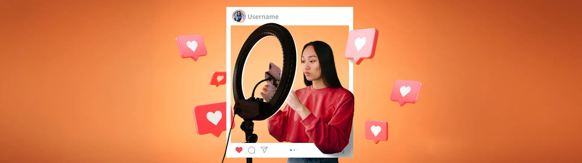 Creator filming on a phone in a ring light inside a social media post frame, surrounded by like icons