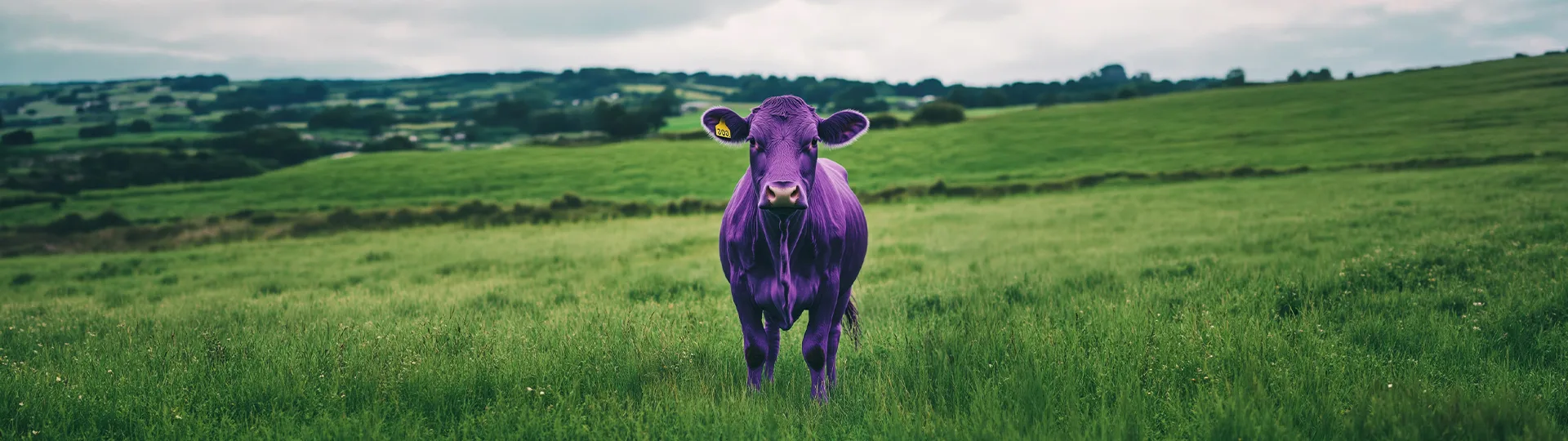 A purple cow standing out in a green field of grass