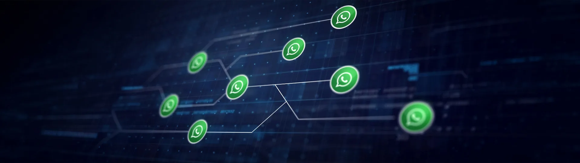 Network of connected WhatsApp icons on a dark blue digital background