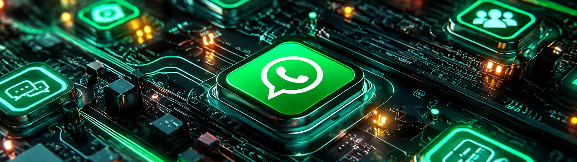 Glowing WhatsApp icon on a circuit board surrounded by chat and group messaging icons