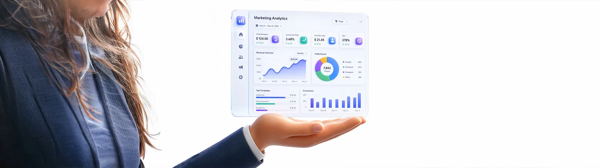 Businesswoman holding a floating Marketing Analytics dashboard showing revenue, conversion rate, traffic sources and campaign results