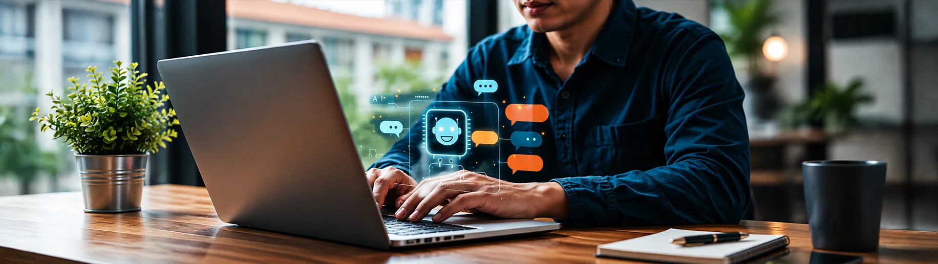 Man typing on a laptop as a glowing AI chatbot icon and chat bubbles float above the keyboard