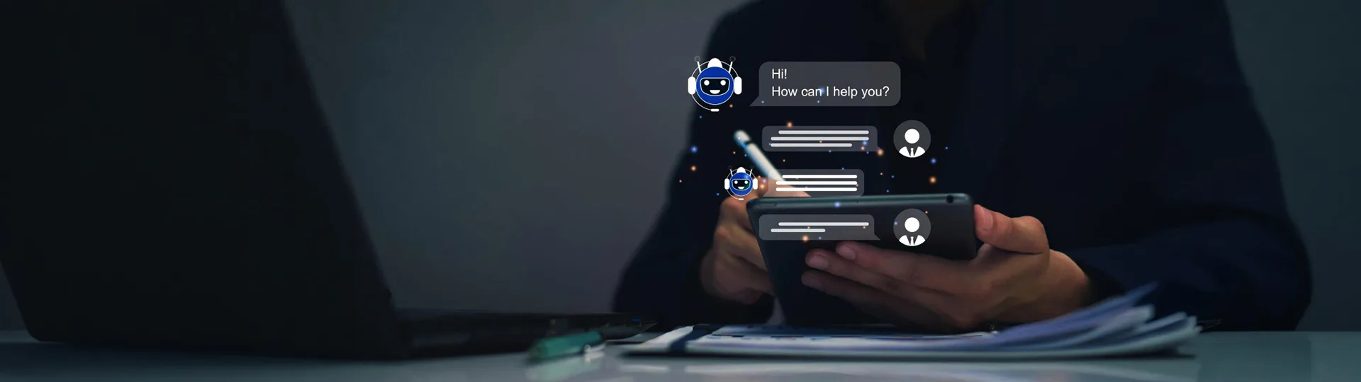 Person using a tablet as a chatbot conversation appears above it, starting with "Hi! How can I help you?"